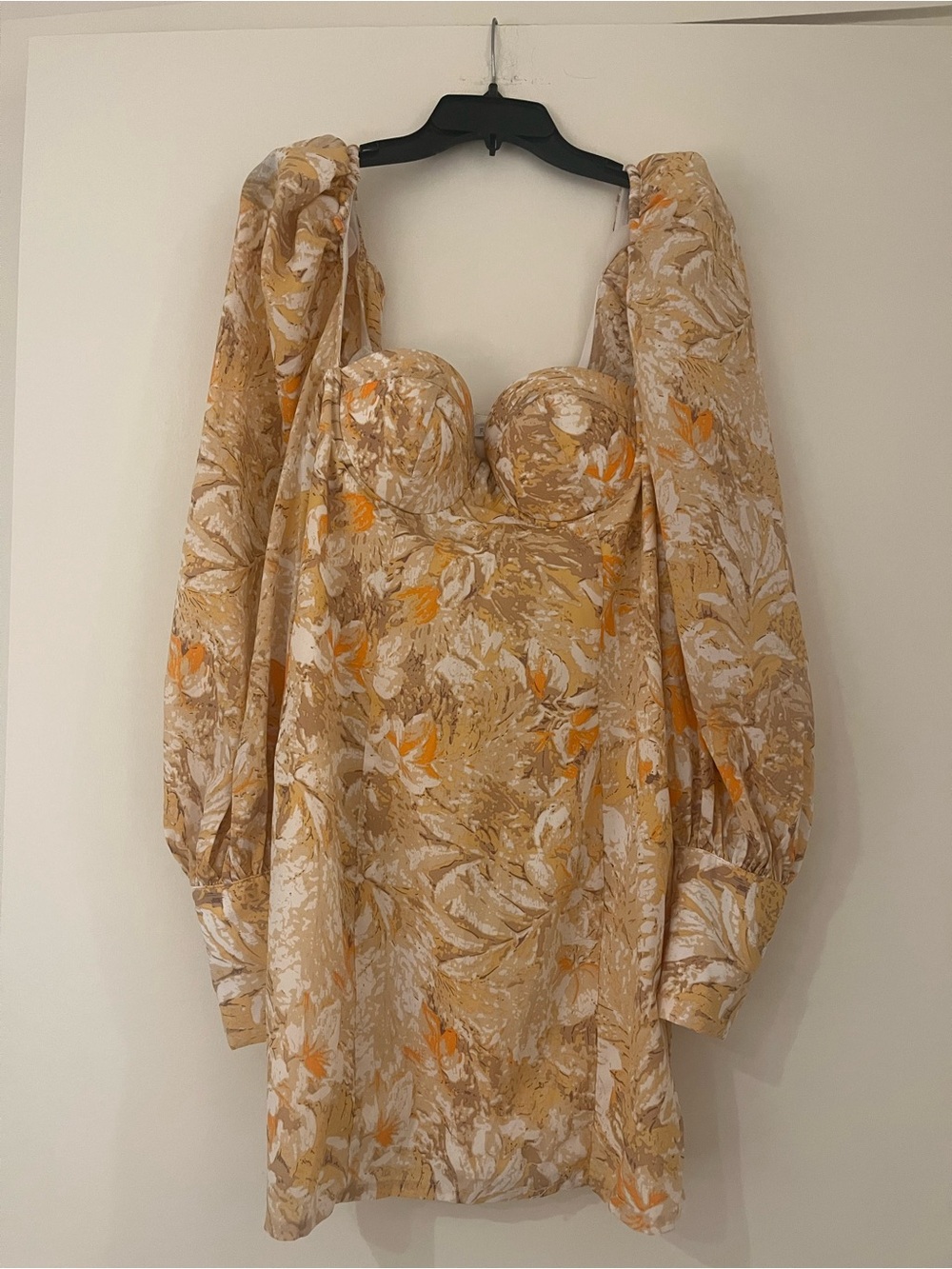 Fashion Nova Beige Floral Puff-Sleeve Mini Dress with Orange Accents